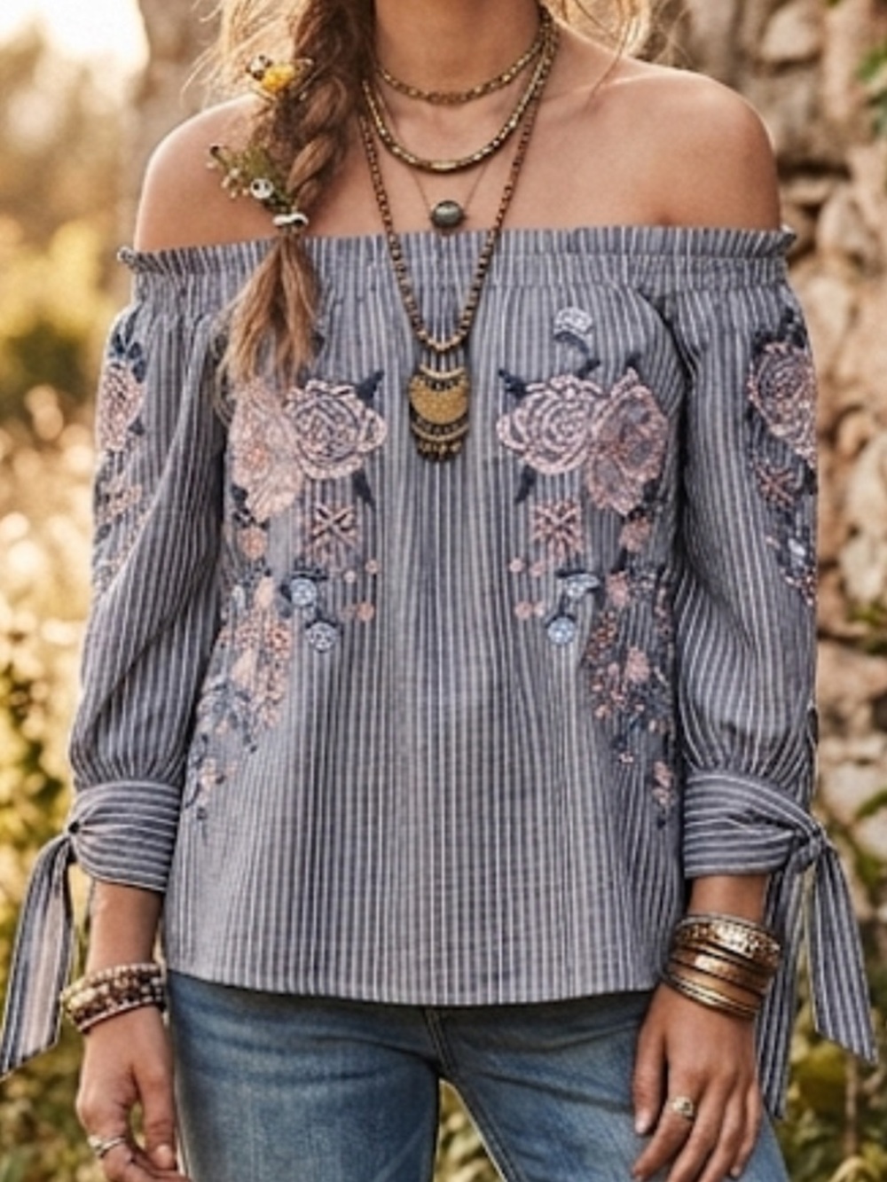 American Eagle Blouse M Gray Embroidered Off the Shoulder Pinstripe 3/4 Sleeve